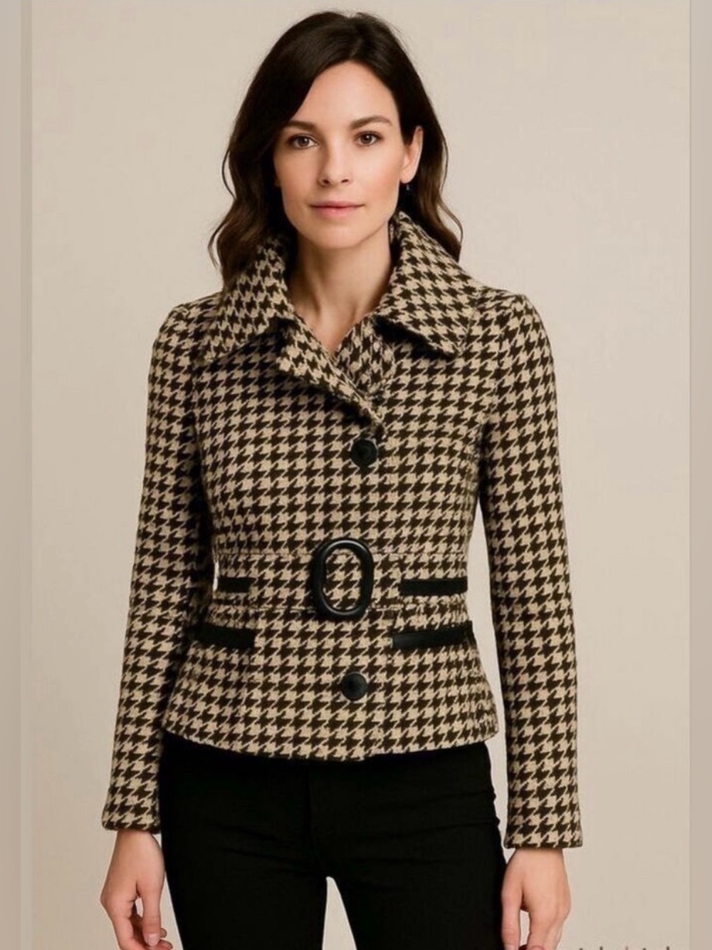 Soia Kyo brown cream houndstooth check jacket XS belted wool retro funnel neck